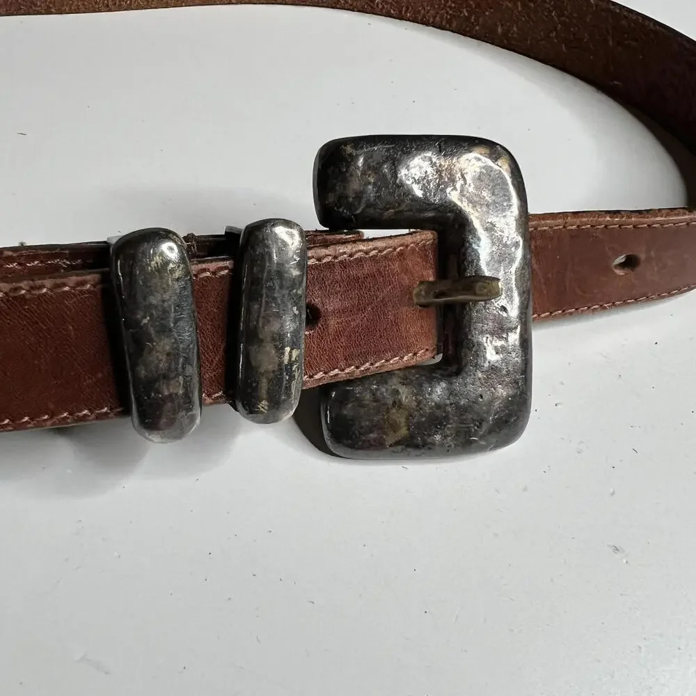 Eddie Bauer Leather Belt Mens 34‎ Brown Silver Buckle Casual Distressed Classic